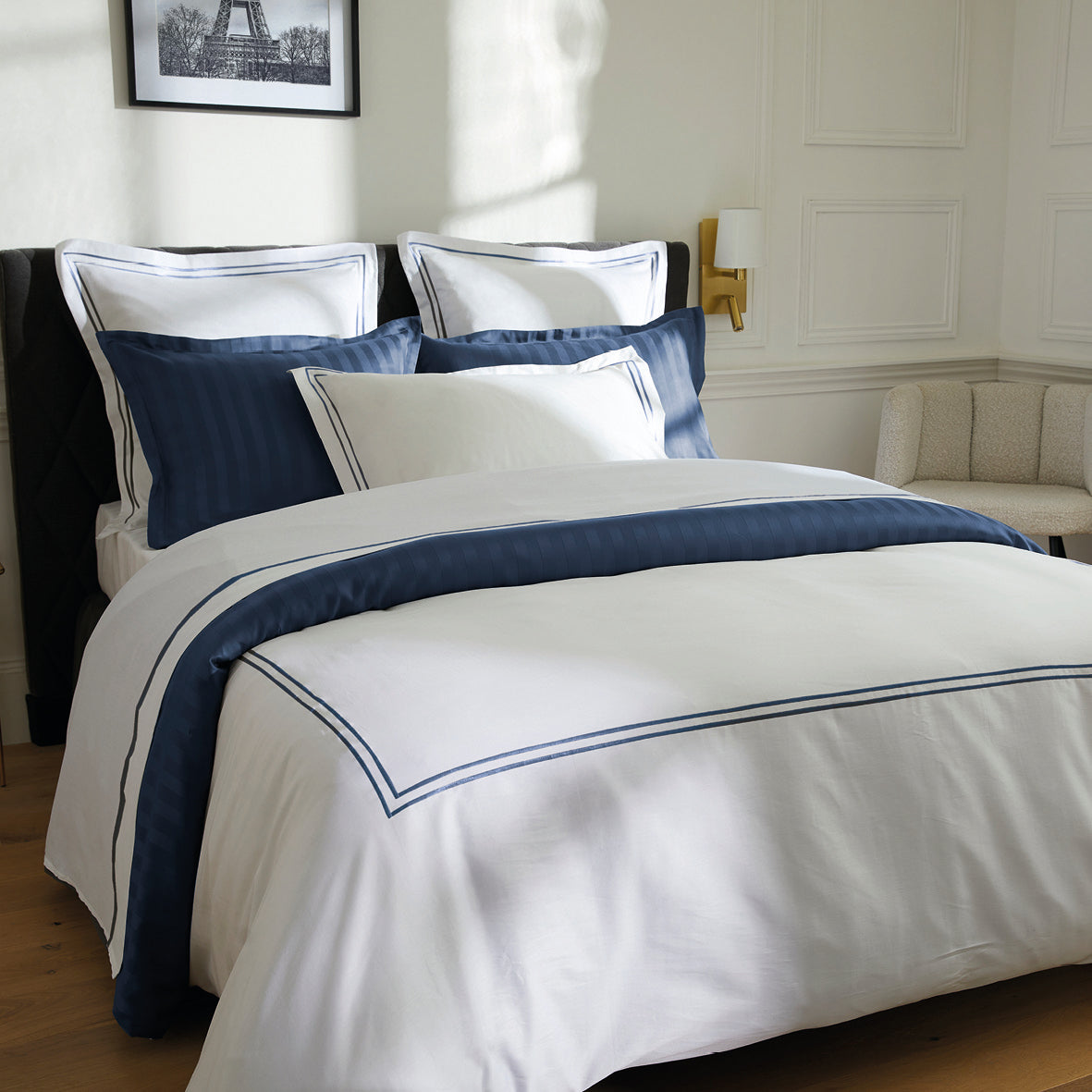 Duvet cover + pillowcase cotton satin - Biarritz Dark blue / White