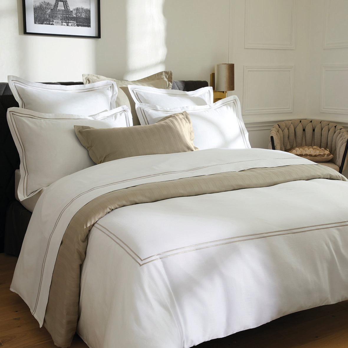 Duvet cover + pillowcase cotton satin - Biarritz Taupe / White