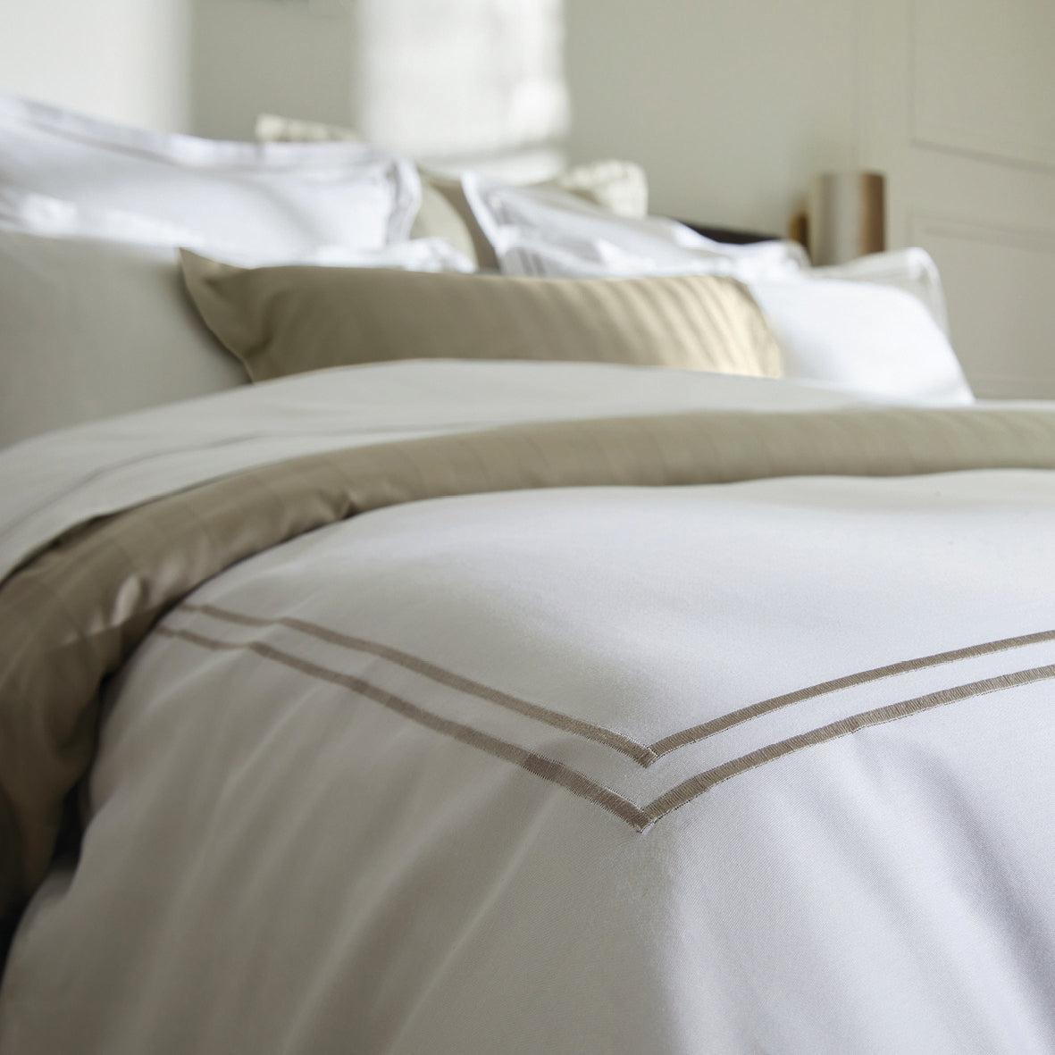 Flat sheet cotton satin - Biarritz Taupe / White