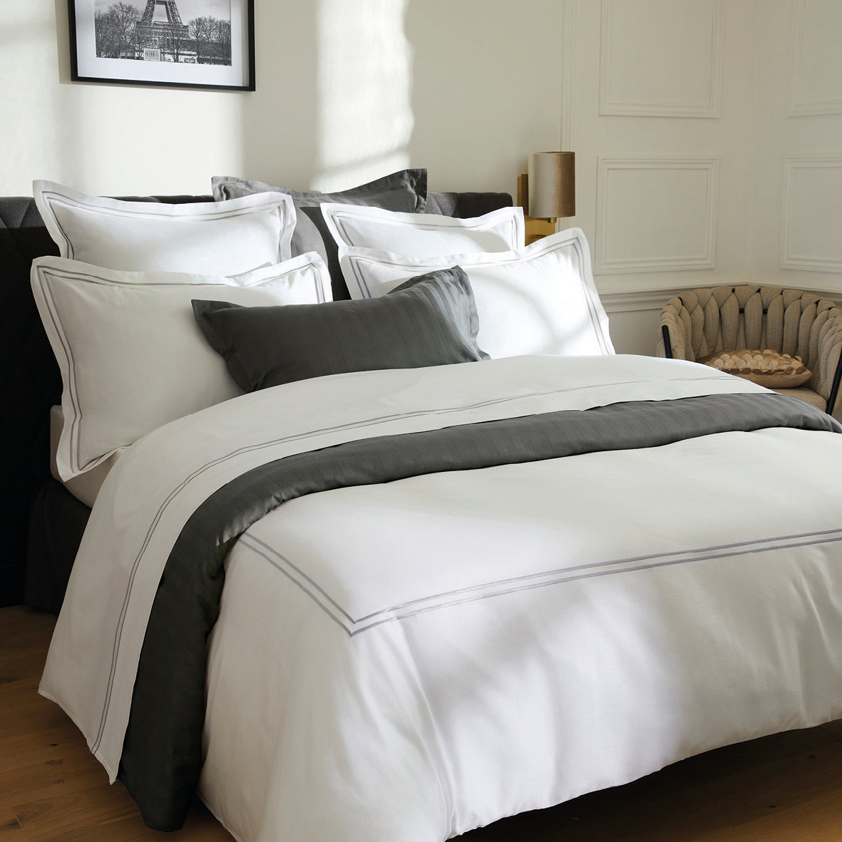 Duvet cover + pillowcase cotton satin - Biarritz Grey / White