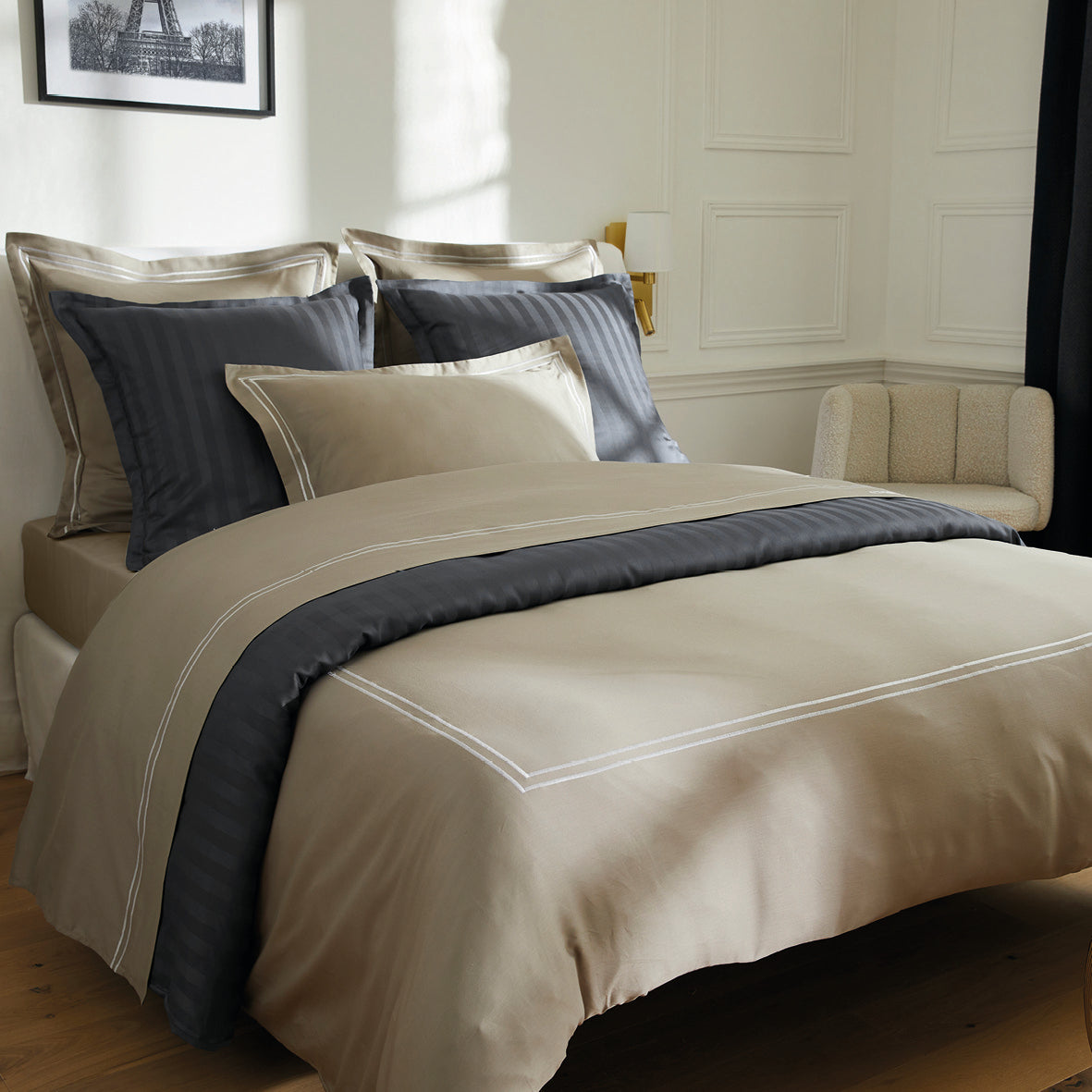 Pillowcase(s) cotton satin - Biarritz White / Taupe