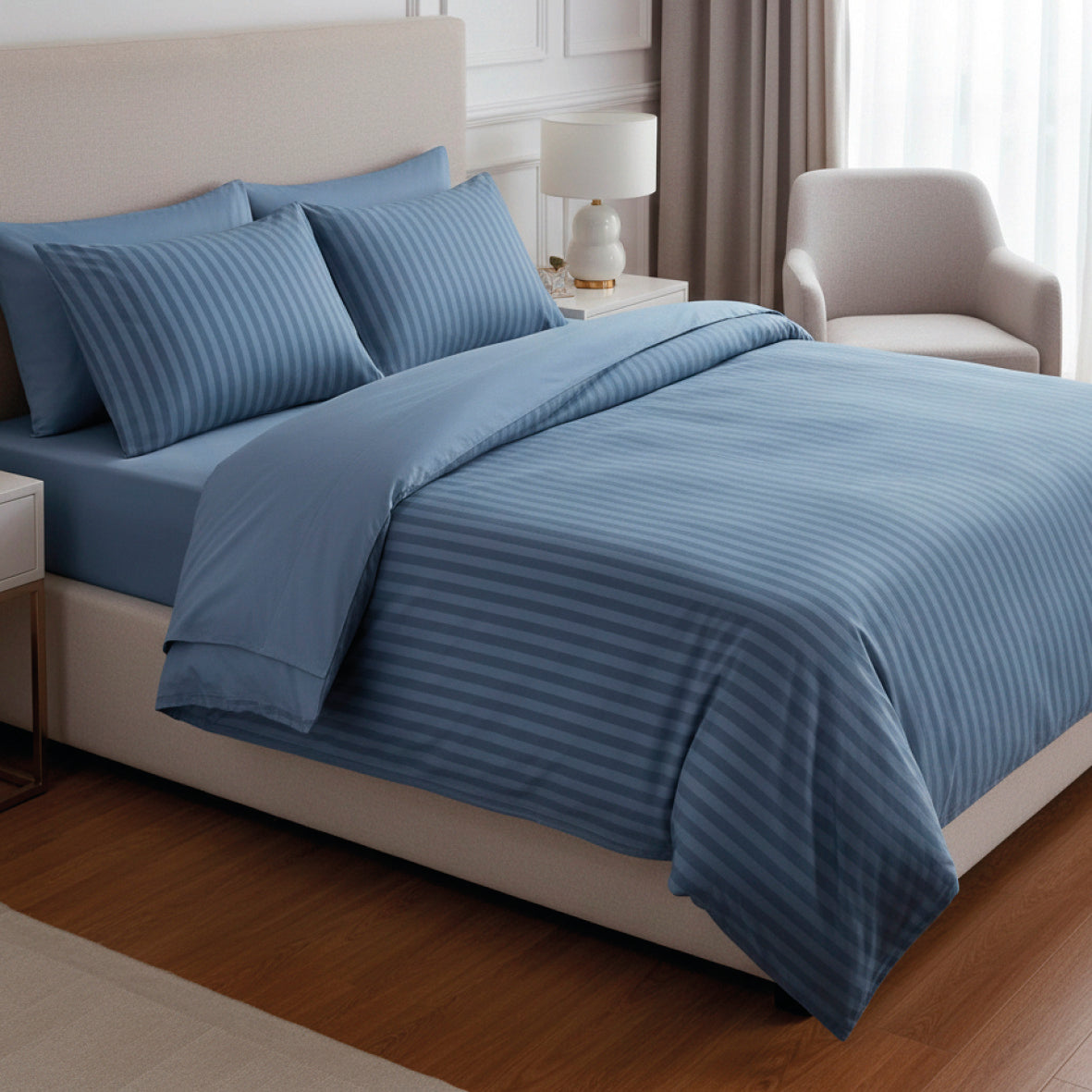 Duvet cover + pillowcase cotton satin dobby stripe woven - Blue