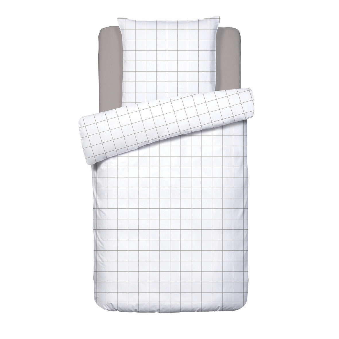 Duvet cover + pillowcase cotton satin - Simples carreaux White / Taupe