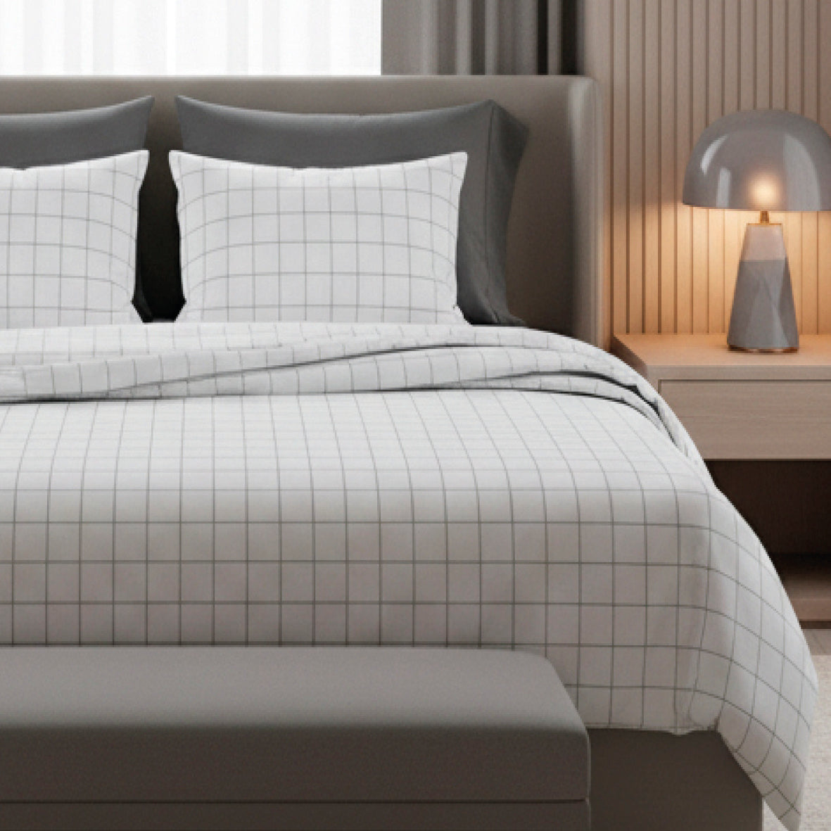 Duvet cover + pillowcase cotton satin - Simples carreaux White / Taupe