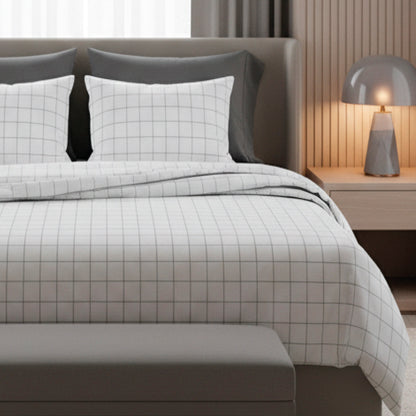 Duvet cover + pillowcase cotton satin - Simples carreaux White / Taupe