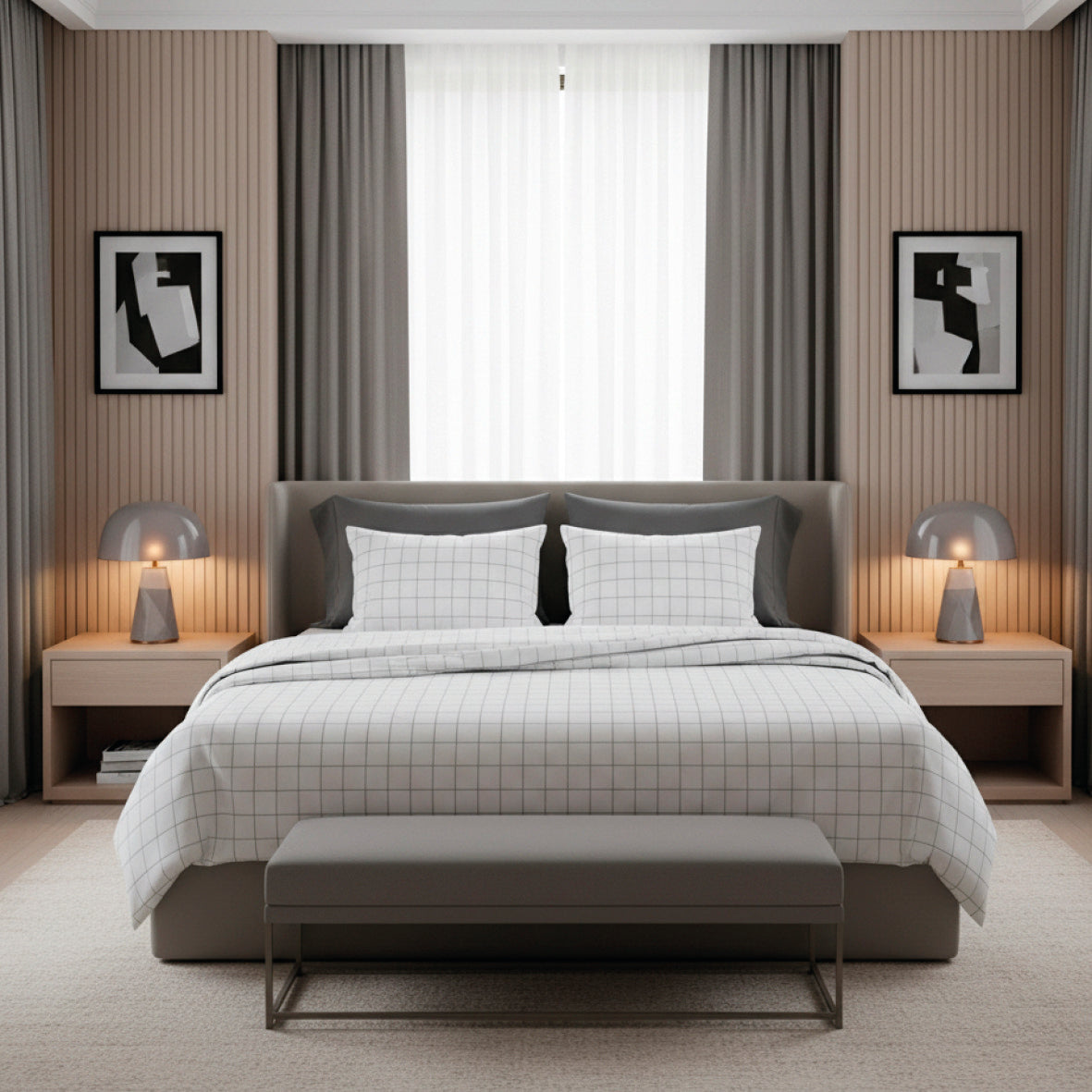 Duvet cover + pillowcase cotton satin - Simples carreaux White / Taupe