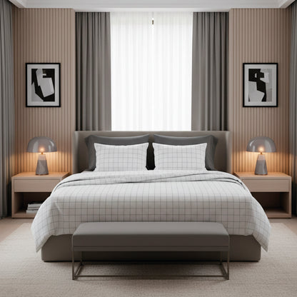 Duvet cover + pillowcase cotton satin - Simples carreaux White / Taupe