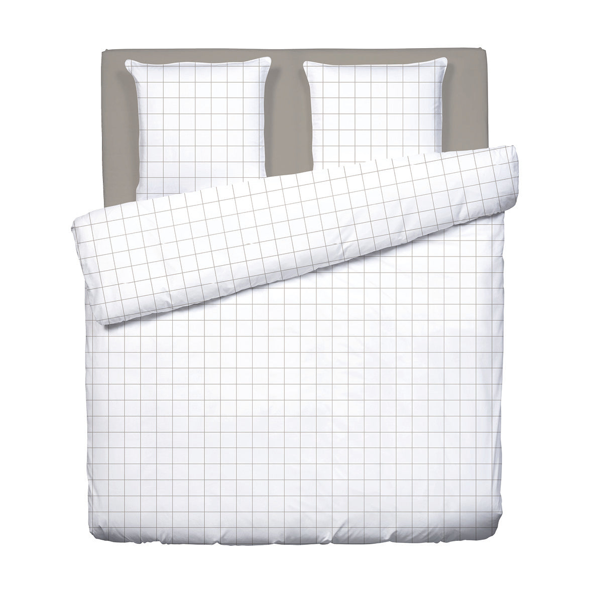 Duvet cover + pillowcase cotton satin - Simples carreaux White / Taupe 260 x 240 cm + 2 x (63 x 63 cm)
