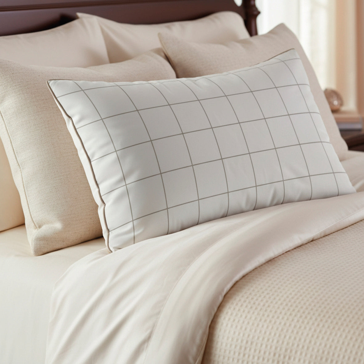Pillowcase(s) cotton satin - Simples carreaux White / Taupe