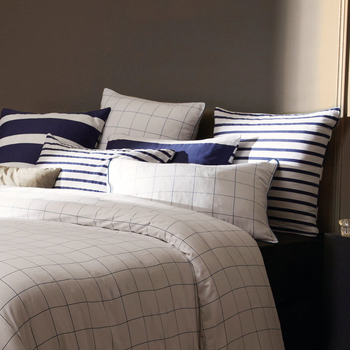 Duvet cover + pillowcase cotton satin - Simples carreaux White / Blue