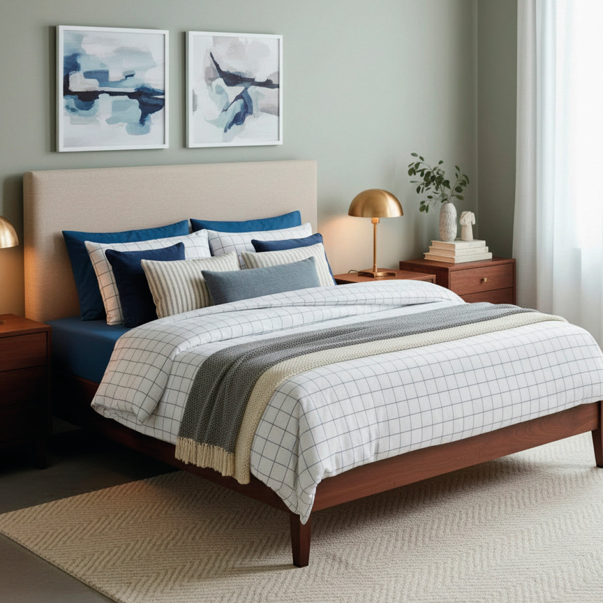 Duvet cover + pillowcase cotton satin - Simples carreaux White / Blue
