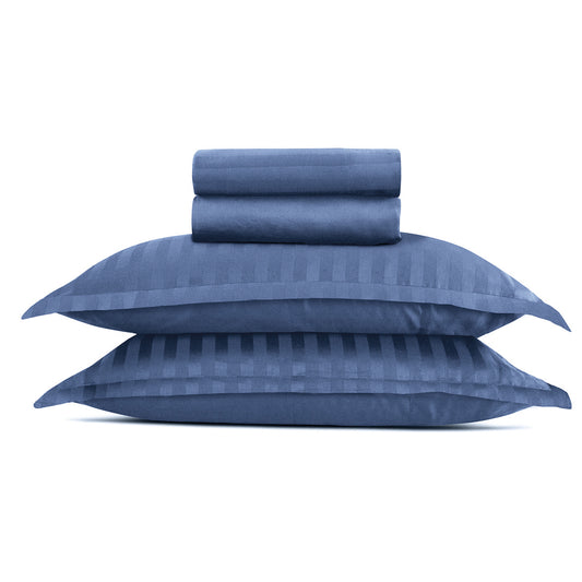 <p>Ensemble de draps satin de coton rayure tiss� dobby - Bleu</p>