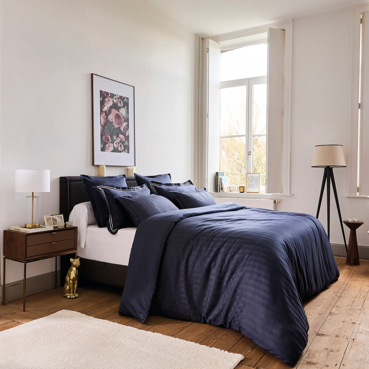Duvet cover + pillowcase cotton satin dobby stripe woven - Dark blue