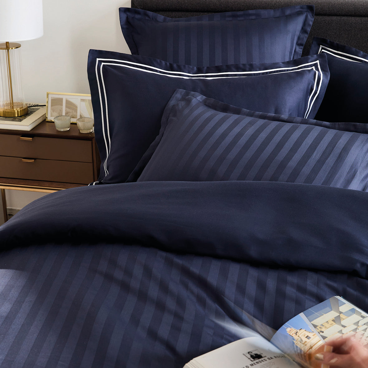 Duvet cover + pillowcase cotton satin dobby stripe woven - Dark blue