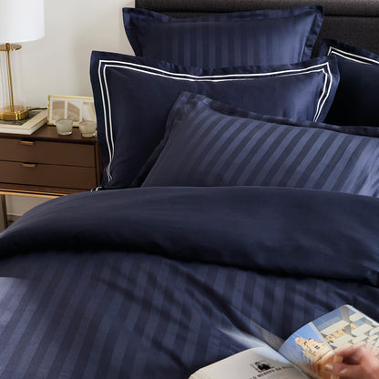 Duvet cover + pillowcase cotton satin dobby stripe woven - Dark blue
