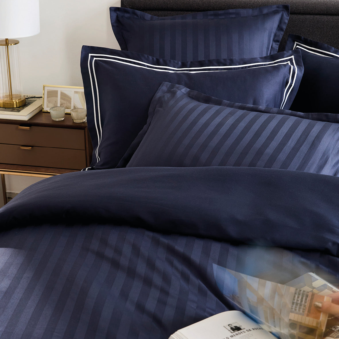 Pillowcase(s) cotton satin dobby stripe woven - Dark blue