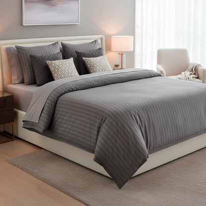 Duvet cover + pillowcase cotton satin dobby stripe woven - Dark grey