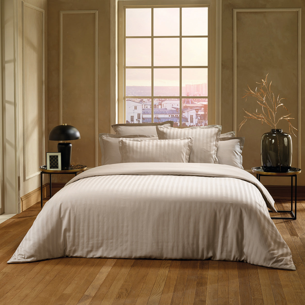 Duvet cover + pillowcase cotton satin dobby stripe woven - Taupe