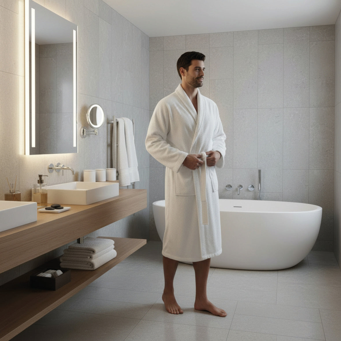 <p>Peignoir avec col châle en coton velours - Uni Blanc</p>