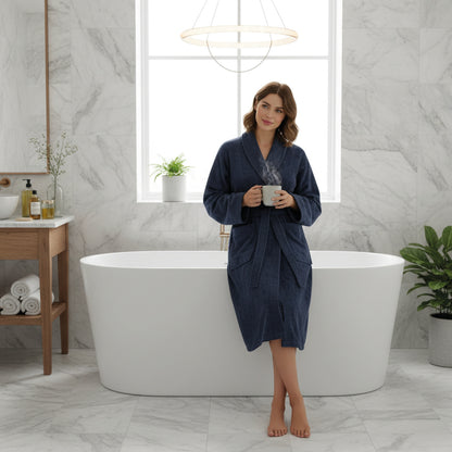 <p>Peignoir avec col châle en coton velours - Uni Bleu foncé</p>
