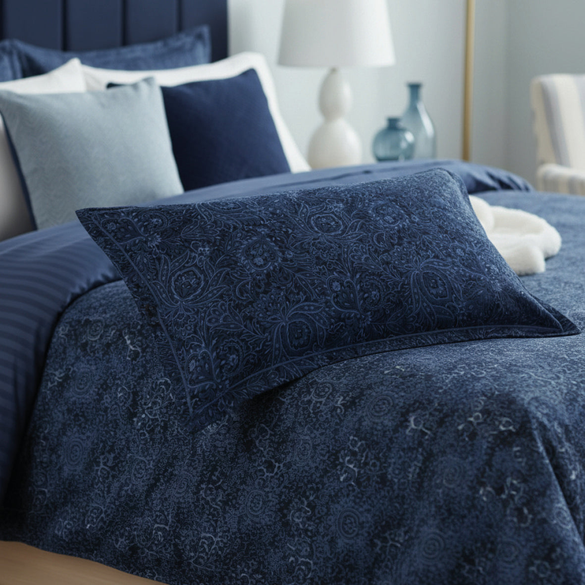 Pillowcase cotton satin - Eclipse fleuri Blue