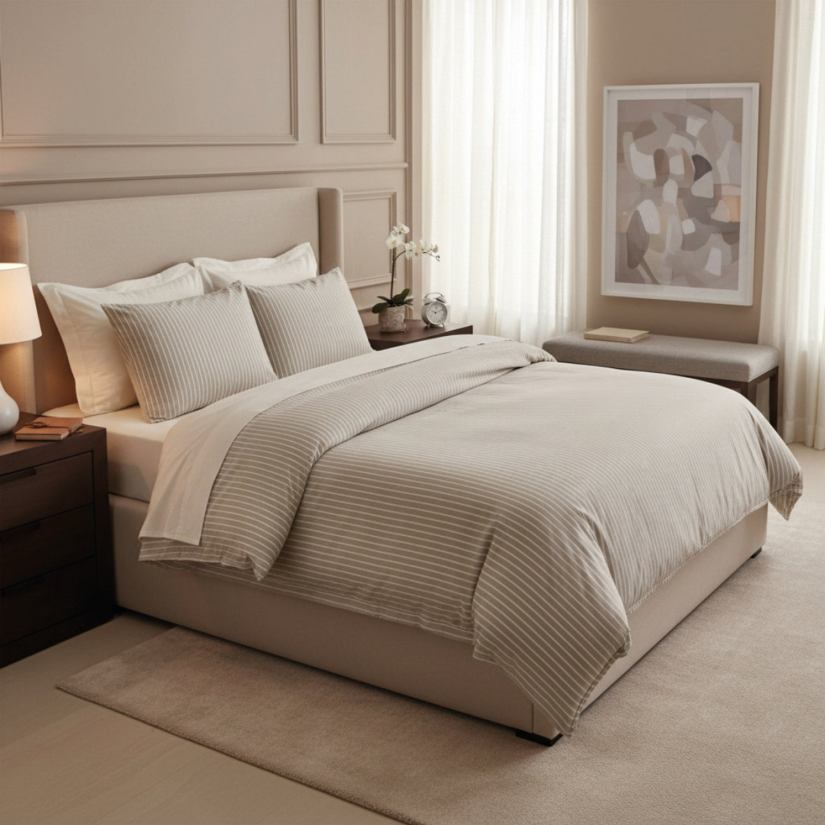 Duvet cover + pillowcase cotton satin - Élégance rayée Taupe