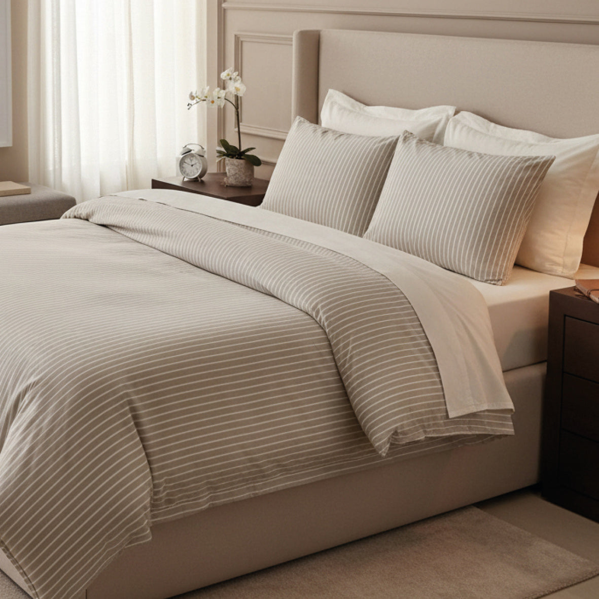 Duvet cover + pillowcase cotton satin - Élégance rayée Taupe