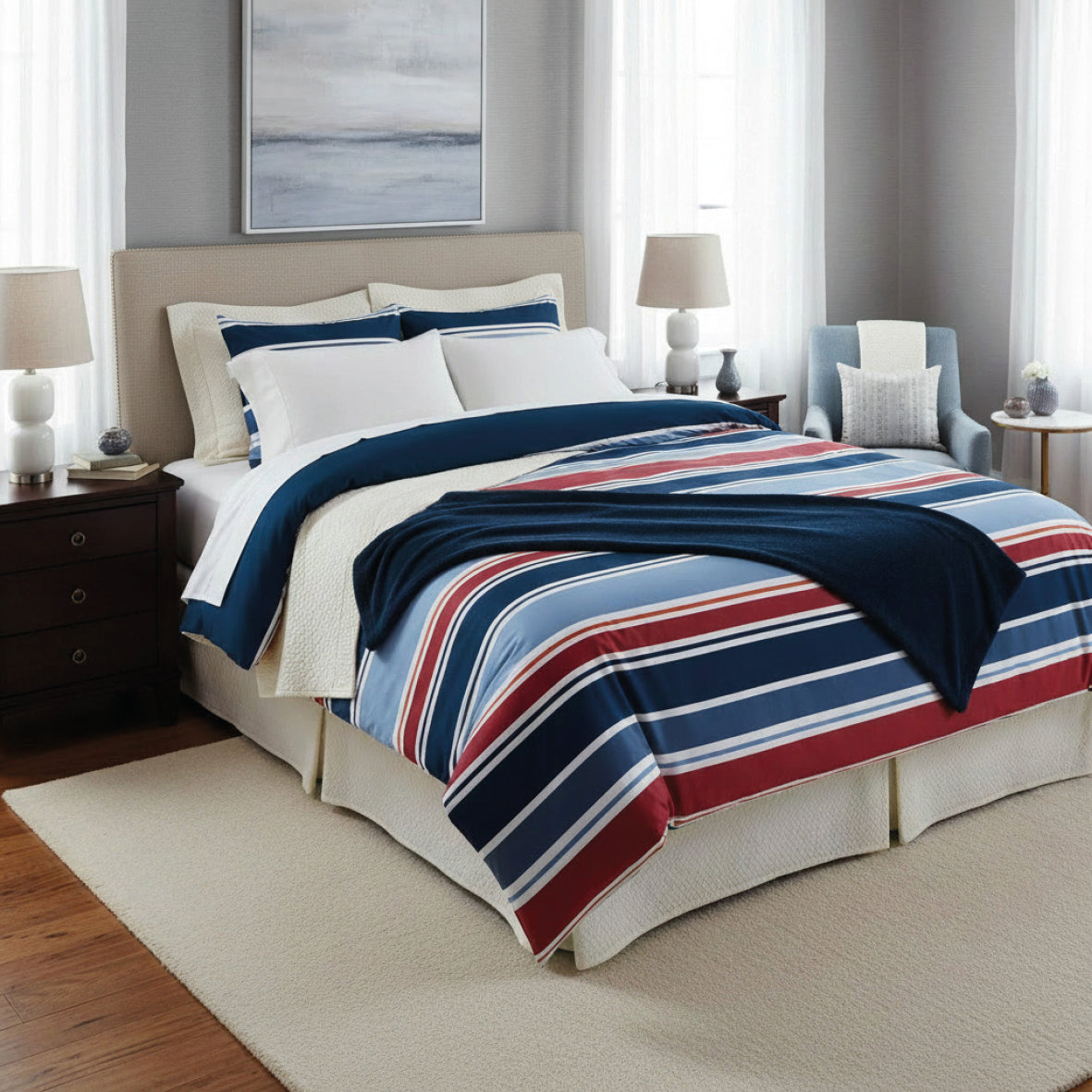 Duvet cover + pillowcase cotton satin - Horizon tricolore Dark blue