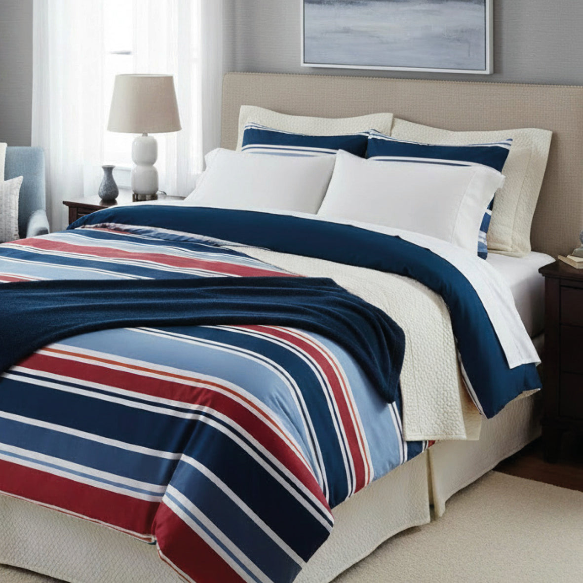 Duvet cover + pillowcase cotton satin - Horizon tricolore Dark blue