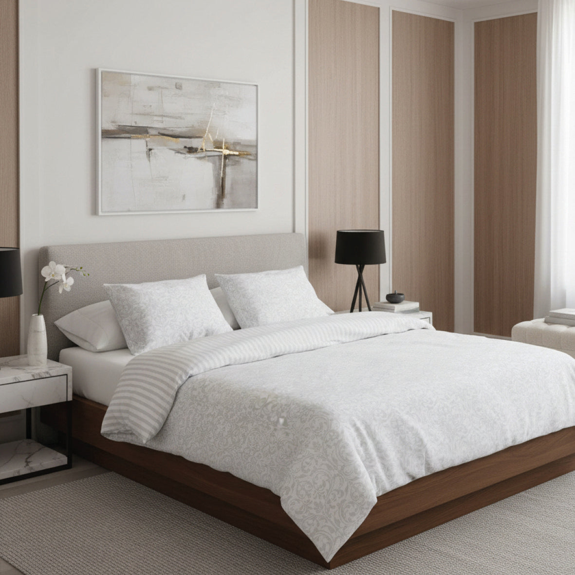 Duvet cover + pillowcase cotton satin Jacquard woven - Dentelle royale White