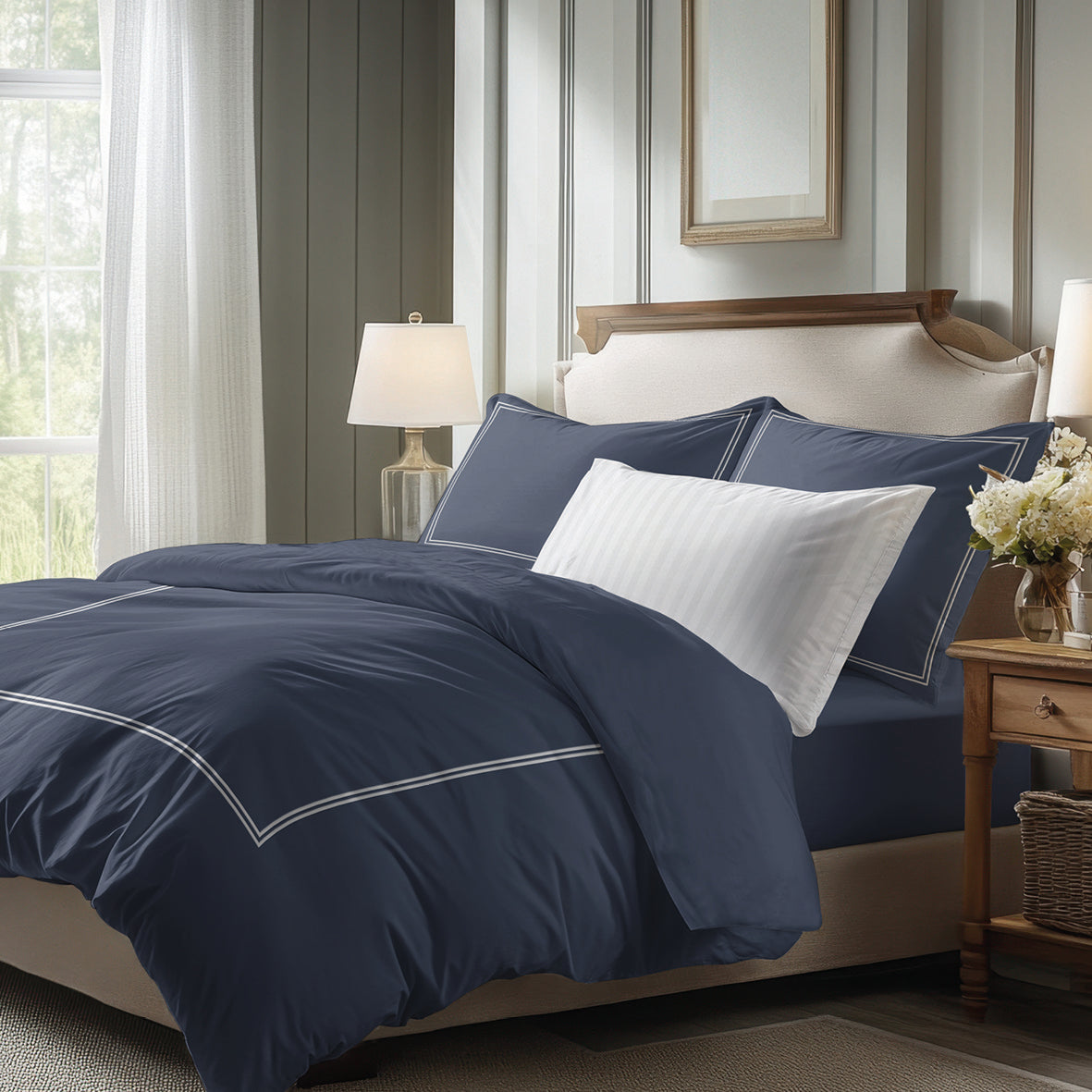 Duvet cover + pillowcase cotton satin - Cannes White / Dark blue