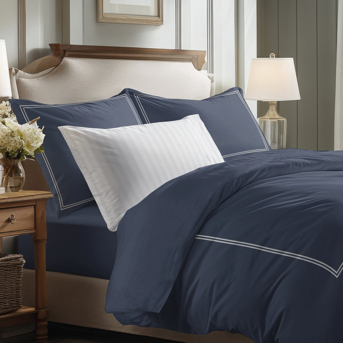 Duvet cover + pillowcase cotton satin - Cannes White / Dark blue