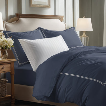 Duvet cover + pillowcase cotton satin - Cannes White / Dark blue