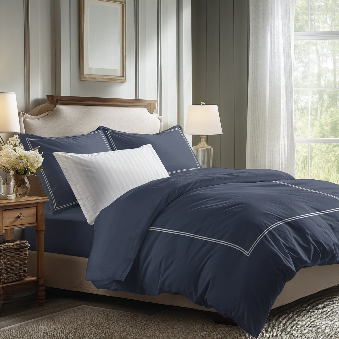 Pillowcase(s) cotton satin - Cannes White / Dark blue