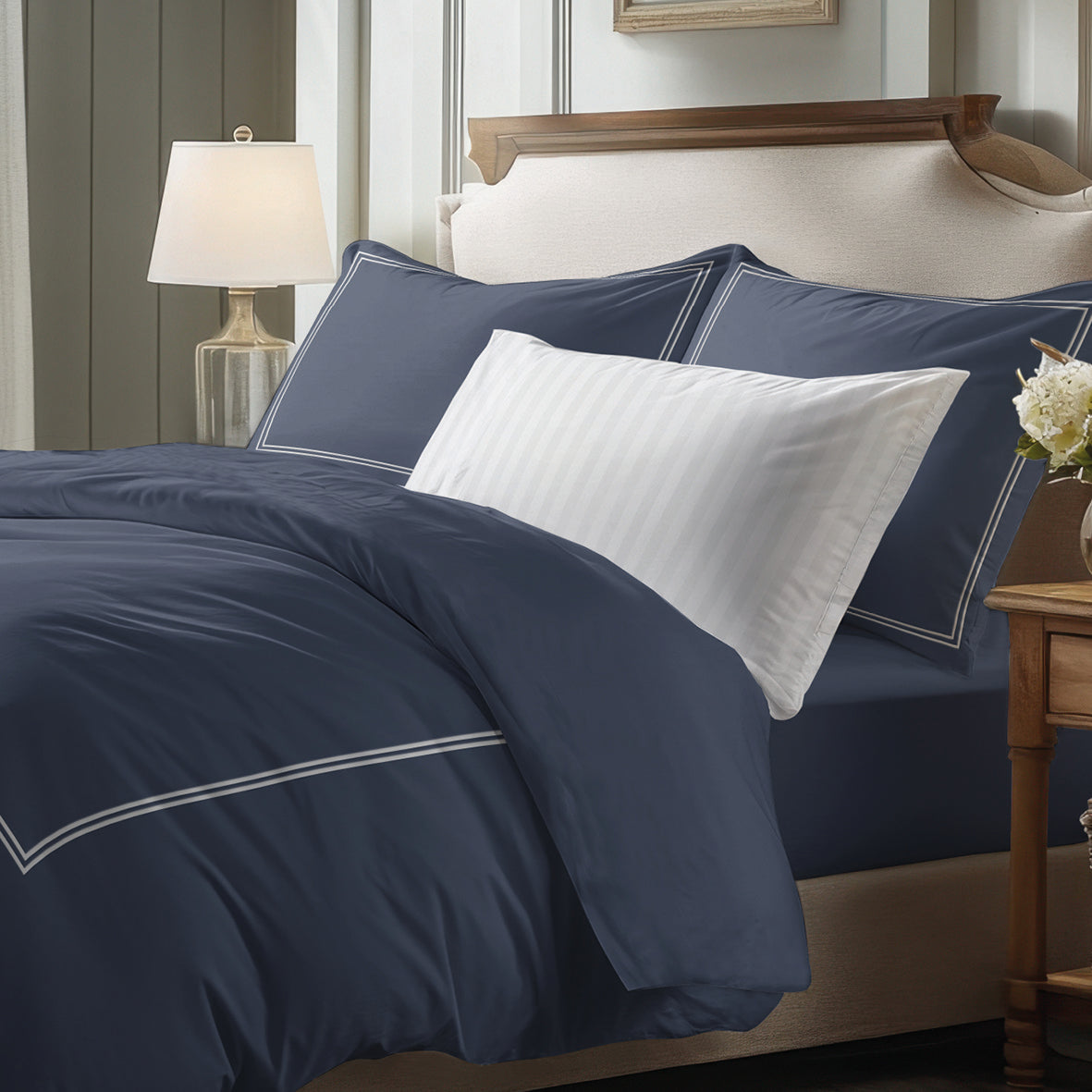 Flat sheet cotton satin - Cannes White / Dark blue