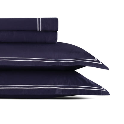 Sheet set cotton satin - Cannes White / Dark blue