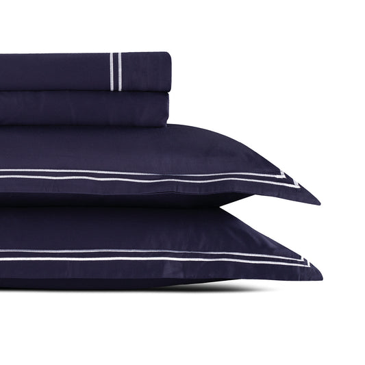 Sheet set cotton satin - Cannes White / Dark blue