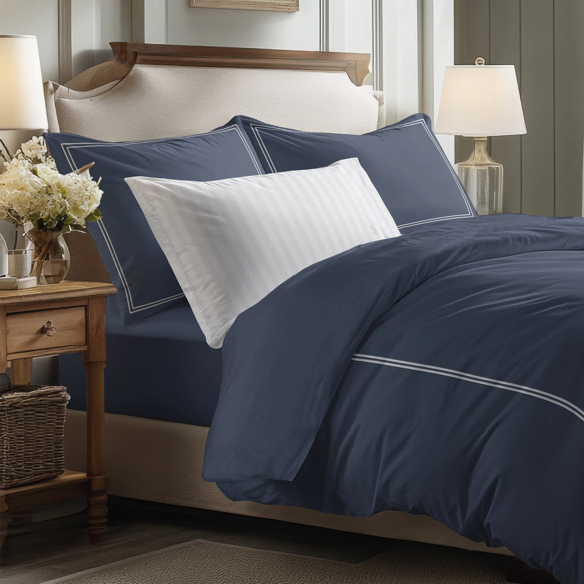 Sheet set cotton satin - Cannes White / Dark blue
