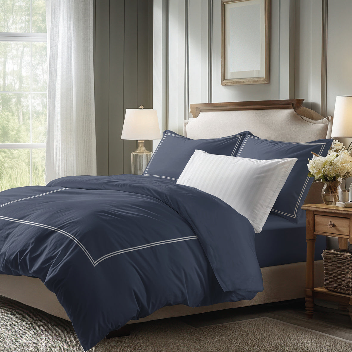 Sheet set cotton satin - Cannes White / Dark blue