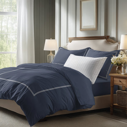 Sheet set cotton satin - Cannes White / Dark blue