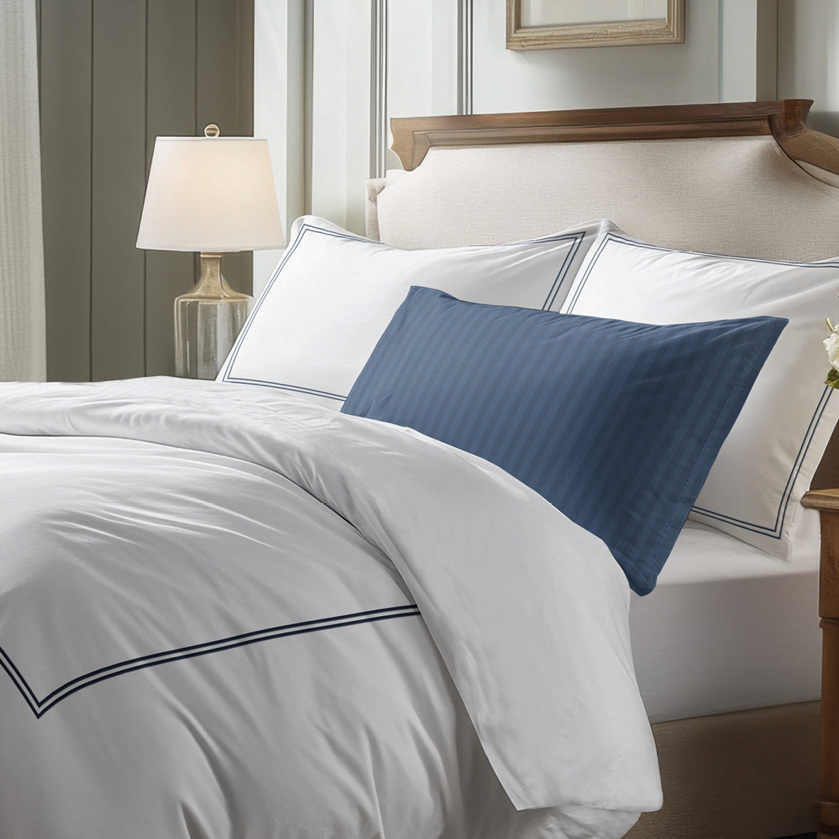 Pillowcase(s) cotton satin - Cannes Dark blue / White
