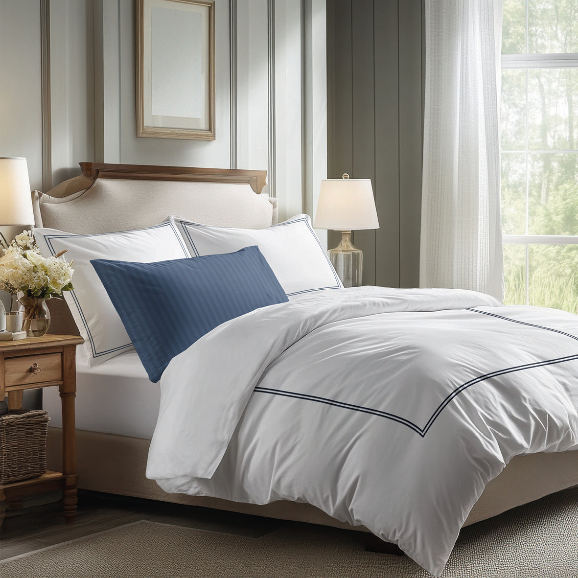 Pillowcase(s) cotton satin - Cannes Dark blue / White