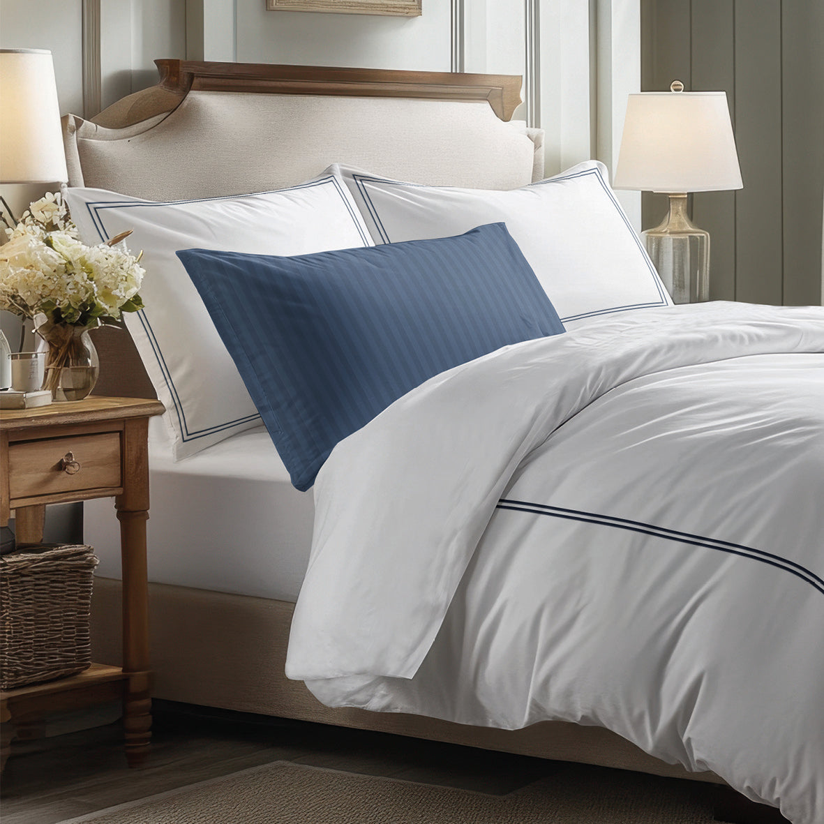 Sheet set cotton satin - Cannes Dark blue / White