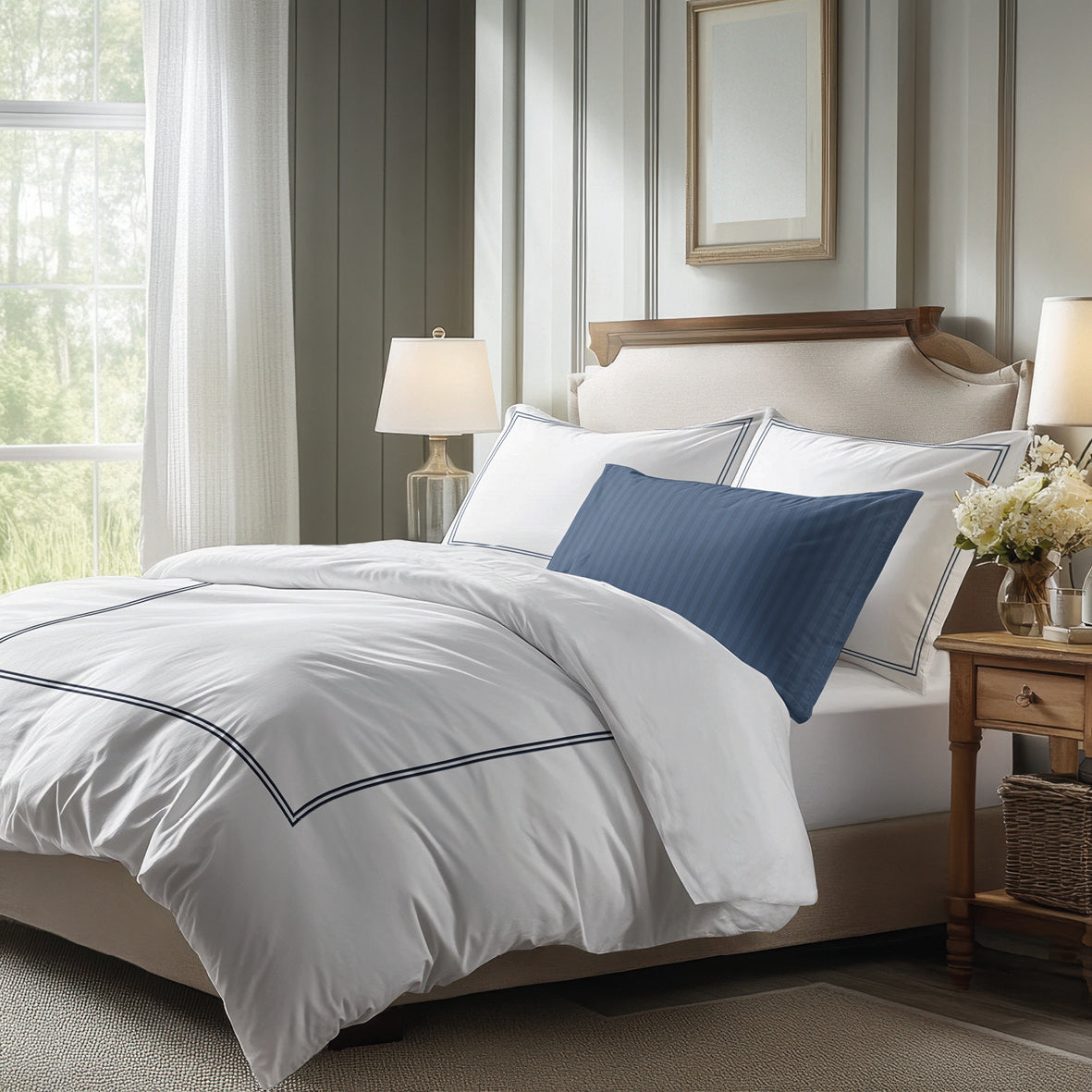 Sheet set cotton satin - Cannes Dark blue / White
