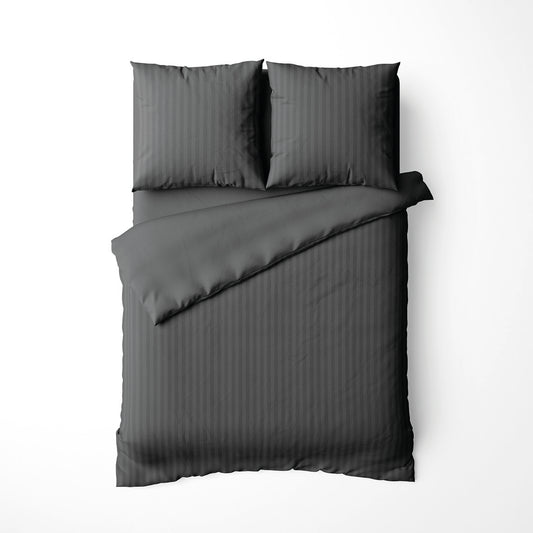 Housse de couette + taie d'oreiller satin de coton rayure tissé dobby -  Noir