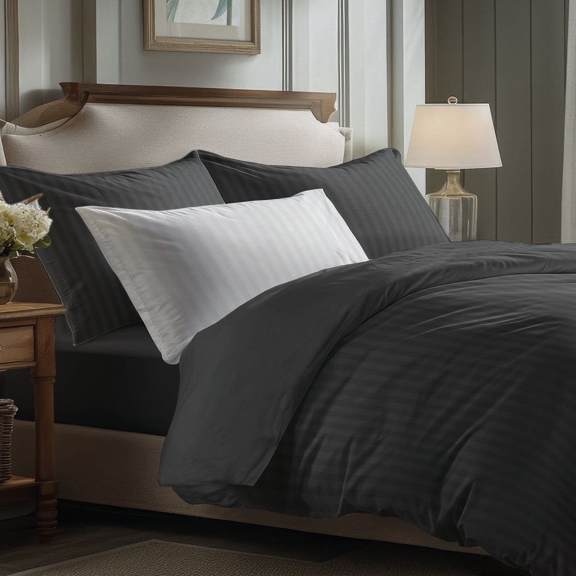 Duvet cover + pillowcase cotton satin dobby stripe woven -  Black