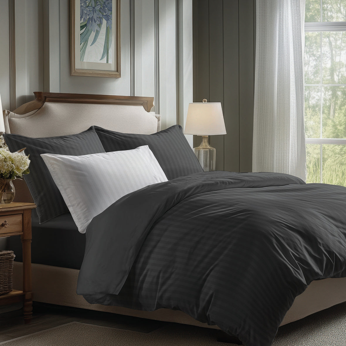 Sheet set cotton satin dobby stripe woven - Black