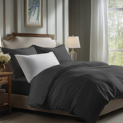 Sheet set cotton satin dobby stripe woven - Black
