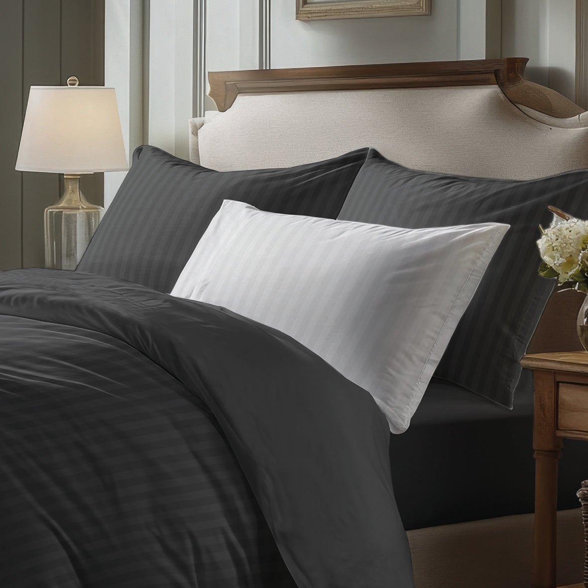 Sheet set cotton satin dobby stripe woven - Black