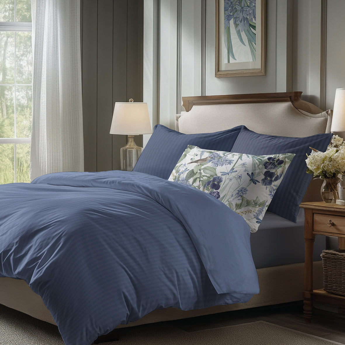 Duvet cover + pillowcase(s) cotton satin dobby stripe woven -  Blue